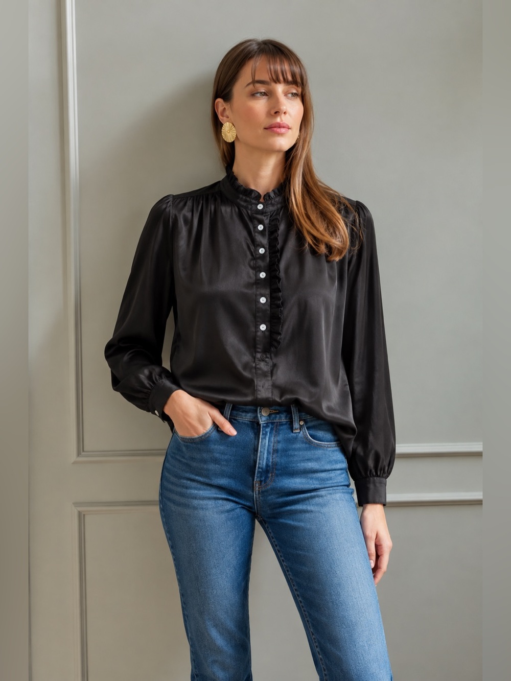NEW Dylan Black Satin Ruffle Blouse 100% Viscose Size Medium *1125